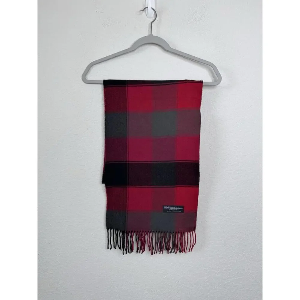 100% Cashmere Scarf Scotland Unisex Red Gray Tartan Check Fringe Soft Luxury EUC